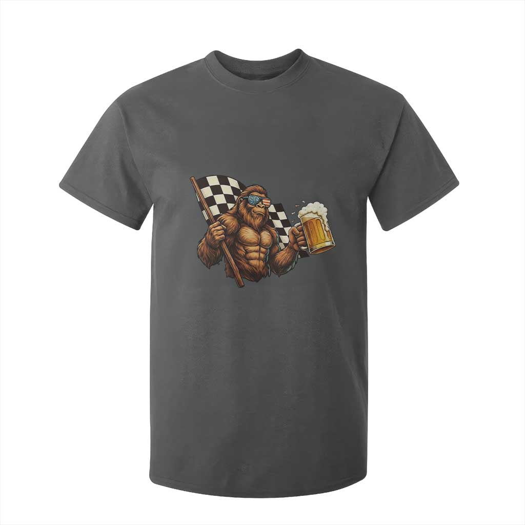 Funny Bigfoot T Shirt For Kid Sasquatch Drinking Beer Racing Car TS14 Dark Heather Print Your Wear