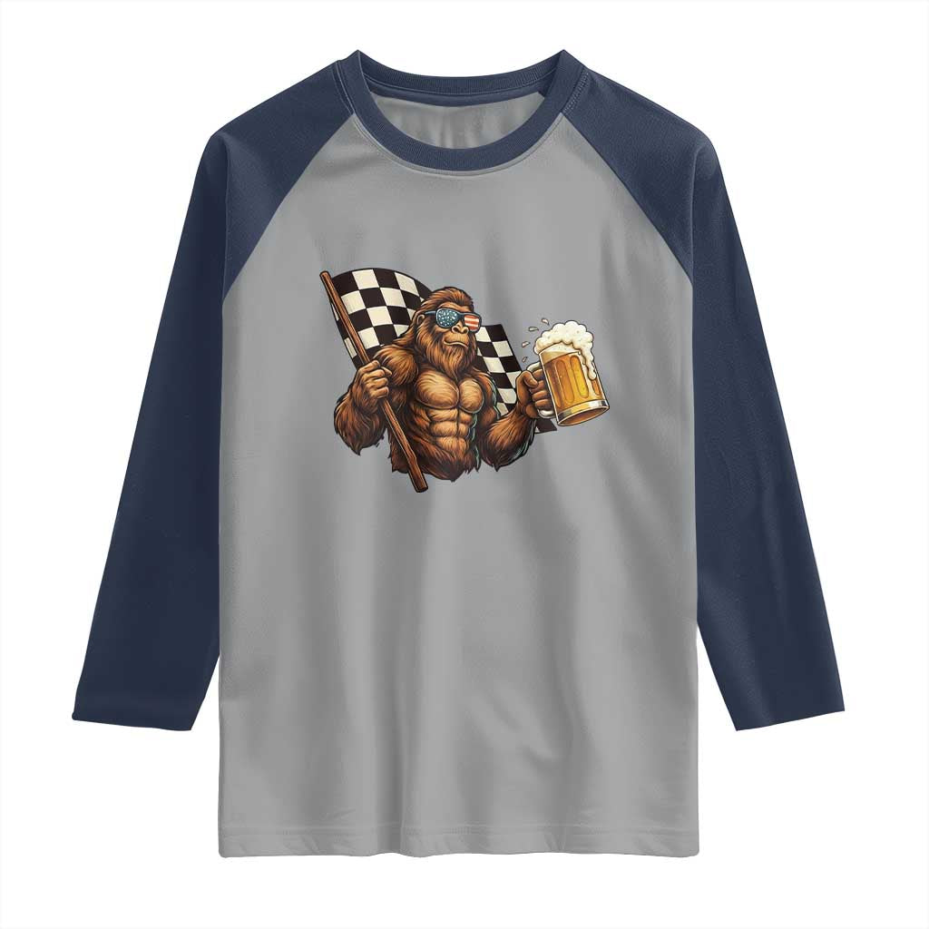 Funny Bigfoot Raglan Shirt Sasquatch Drinking Beer Racing Car TS14 Sport Gray Navy Print Your Wear