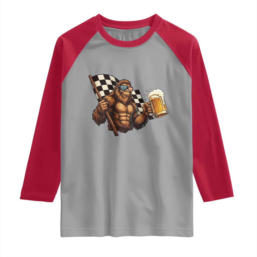 Funny Bigfoot Raglan Shirt Sasquatch Drinking Beer Racing Car TS14 Sport Gray Red Print Your Wear