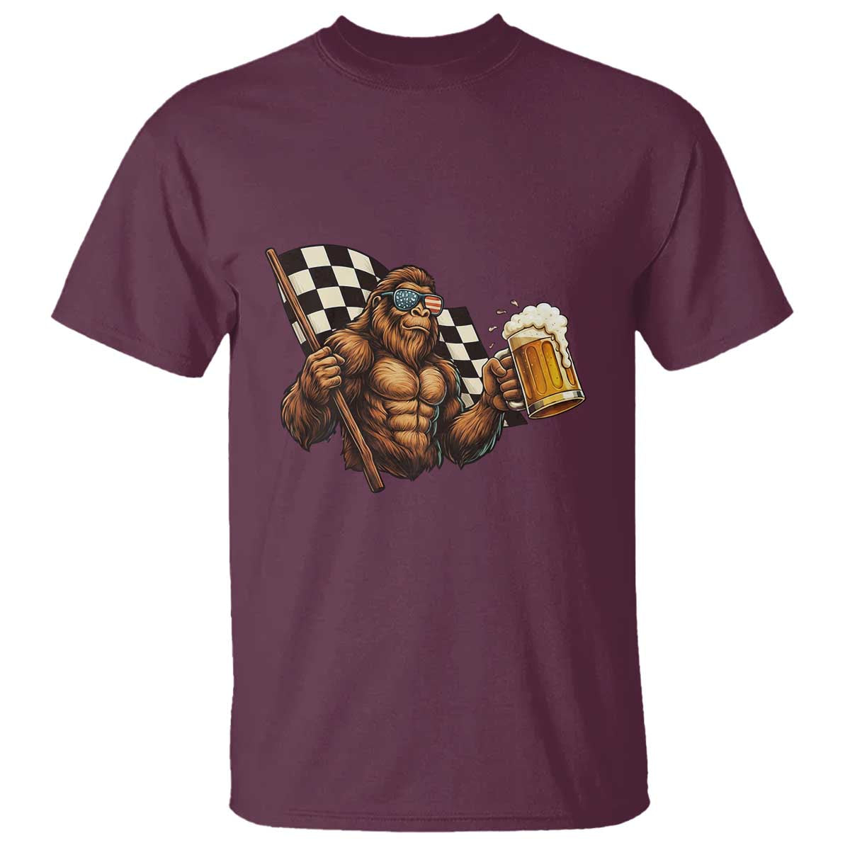 Funny Bigfoot T Shirt Sasquatch Drinking Beer Racing Car TS14 Maroon Print Your Wear