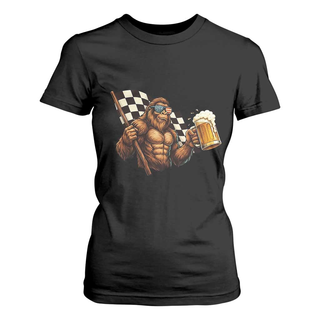 Funny Bigfoot T Shirt For Women Sasquatch Drinking Beer Racing Car TS14 Black Print Your Wear