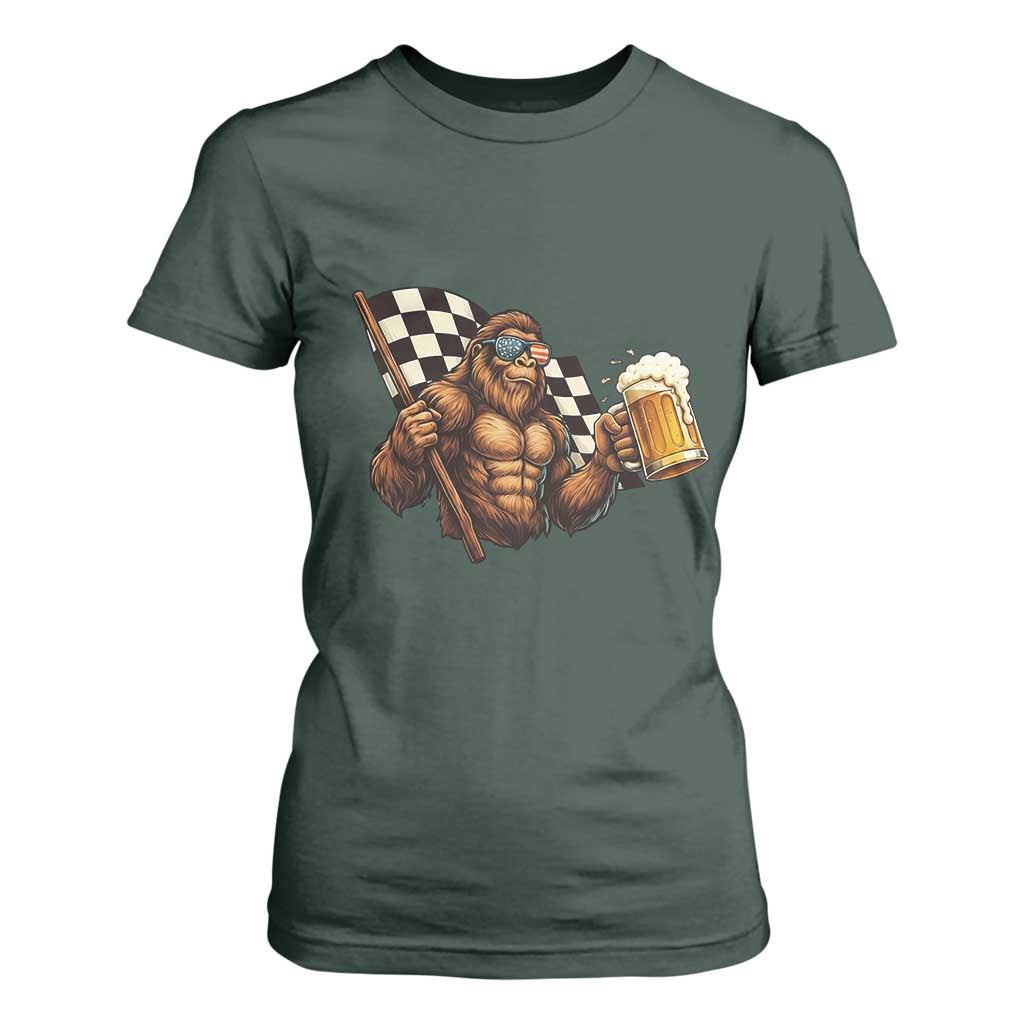 Funny Bigfoot T Shirt For Women Sasquatch Drinking Beer Racing Car TS14 Dark Forest Green Print Your Wear