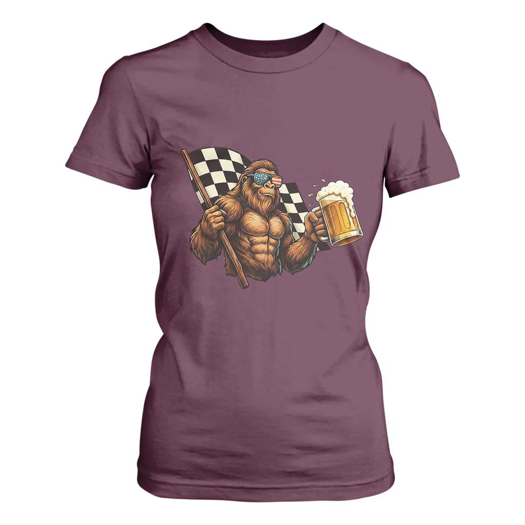 Funny Bigfoot T Shirt For Women Sasquatch Drinking Beer Racing Car TS14 Maroon Print Your Wear
