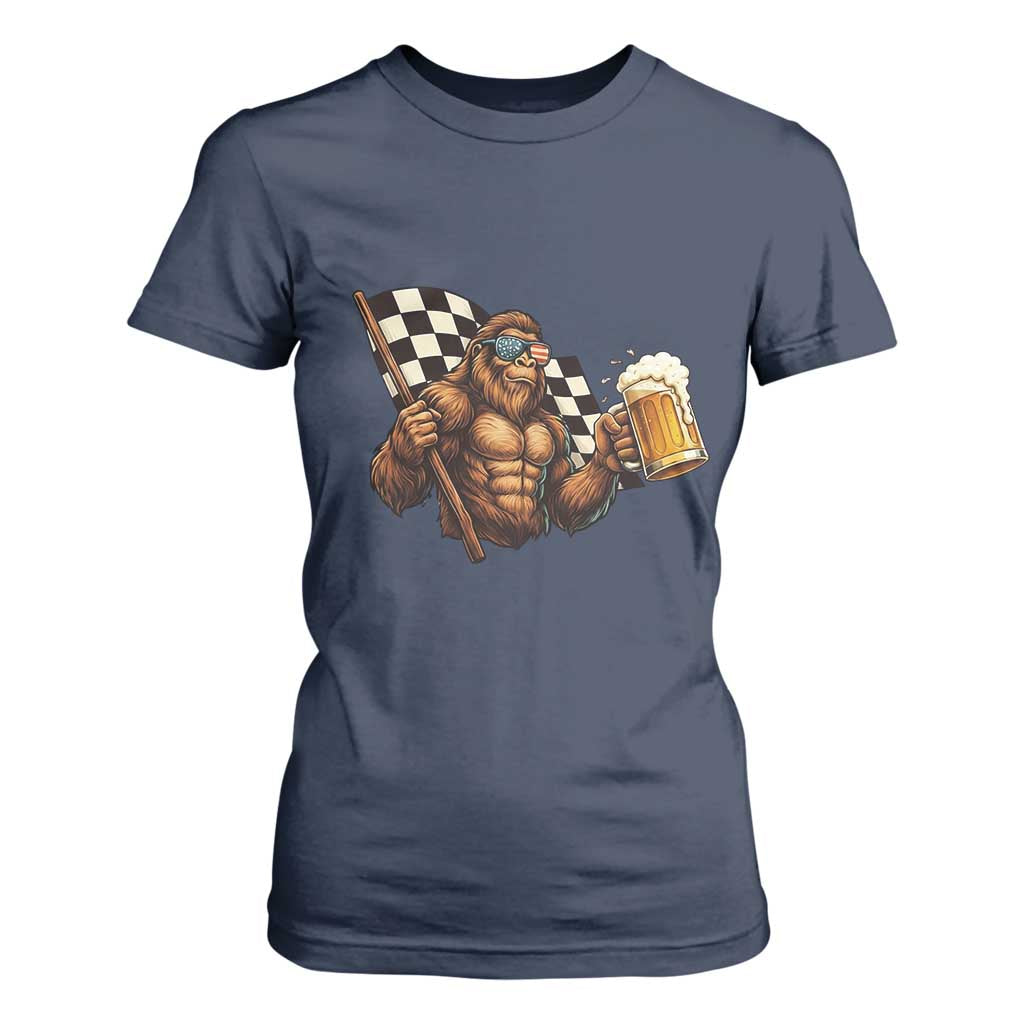 Funny Bigfoot T Shirt For Women Sasquatch Drinking Beer Racing Car TS14 Navy Print Your Wear