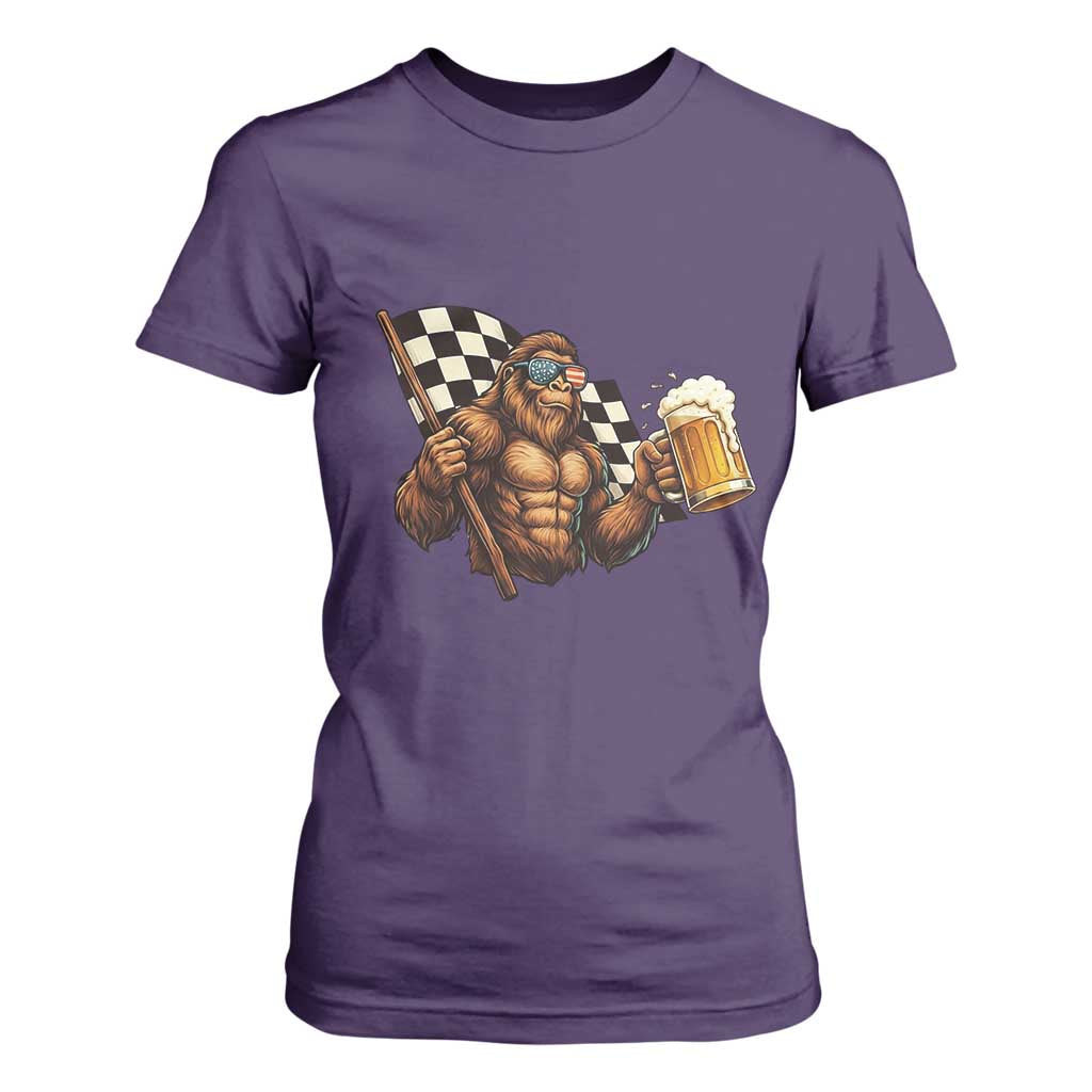 Funny Bigfoot T Shirt For Women Sasquatch Drinking Beer Racing Car TS14 Purple Print Your Wear