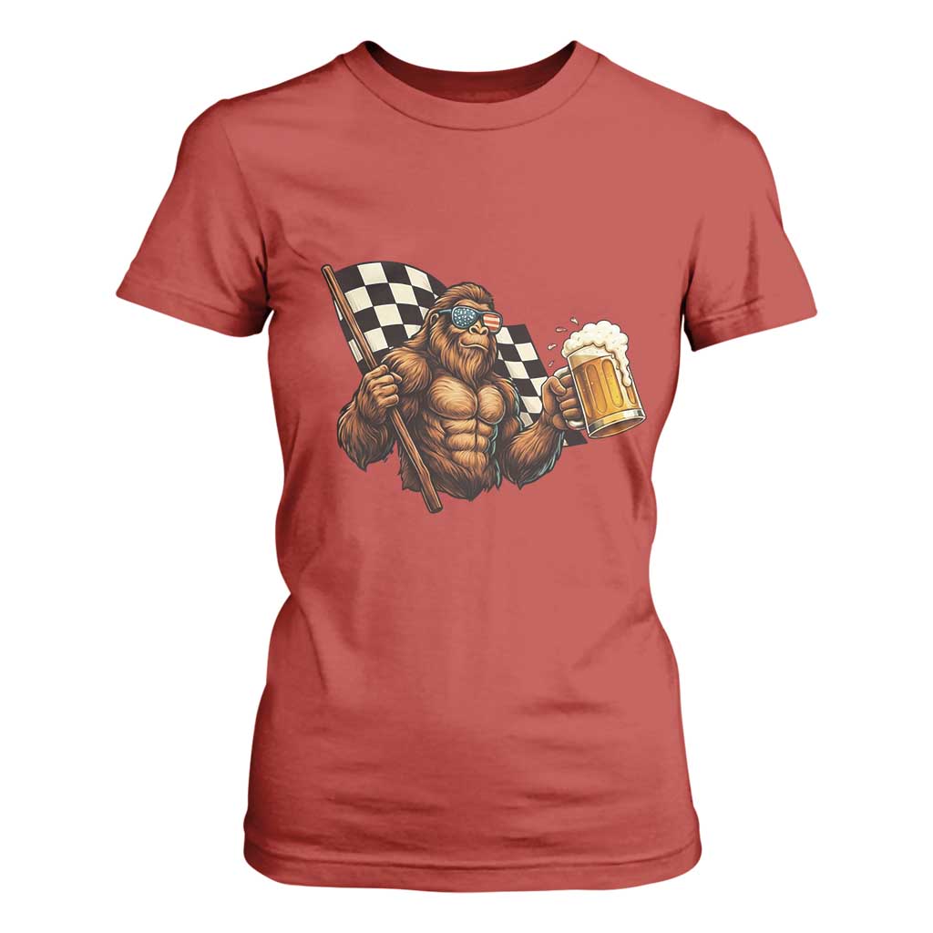 Funny Bigfoot T Shirt For Women Sasquatch Drinking Beer Racing Car TS14 Red Print Your Wear