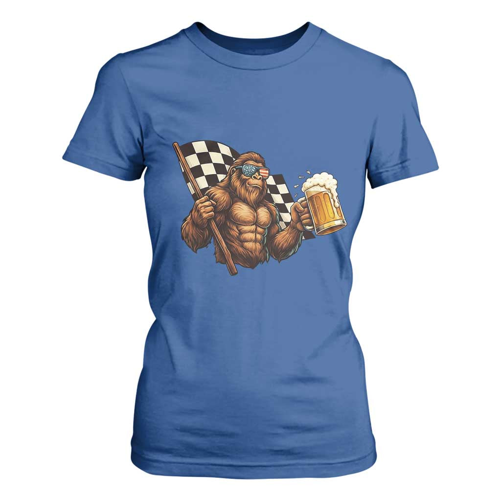 Funny Bigfoot T Shirt For Women Sasquatch Drinking Beer Racing Car TS14 Royal Blue Print Your Wear