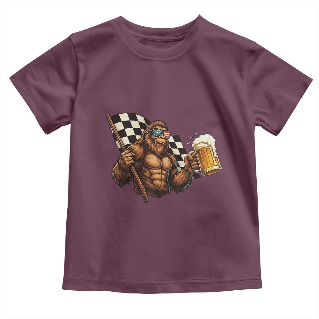 Funny Bigfoot Toddler T Shirt Sasquatch Drinking Beer Racing Car TS14 Maroon Print Your Wear