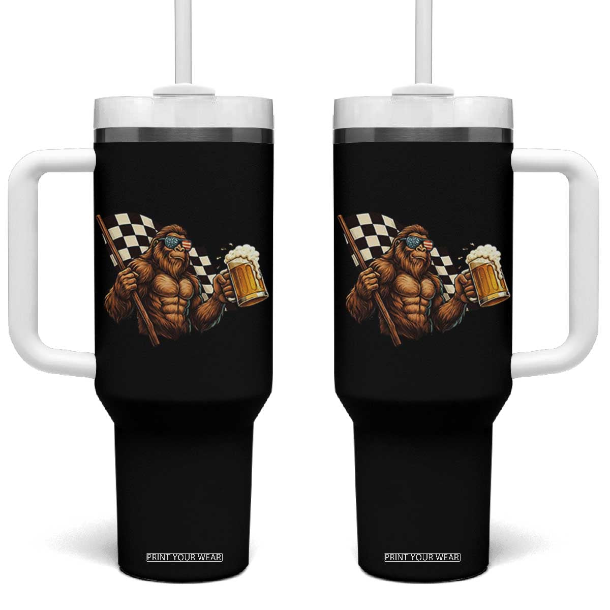 Funny Bigfoot Tumbler With Handle Sasquatch Drinking Beer Racing Car TS14 One Size: 40 oz Black Print Your Wear
