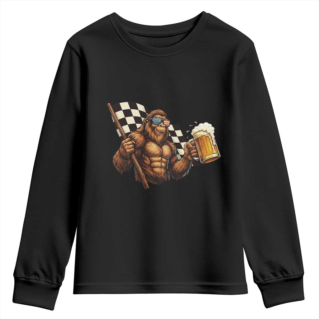 Funny Bigfoot Youth Sweatshirt Sasquatch Drinking Beer Racing Car TS14 Black Print Your Wear