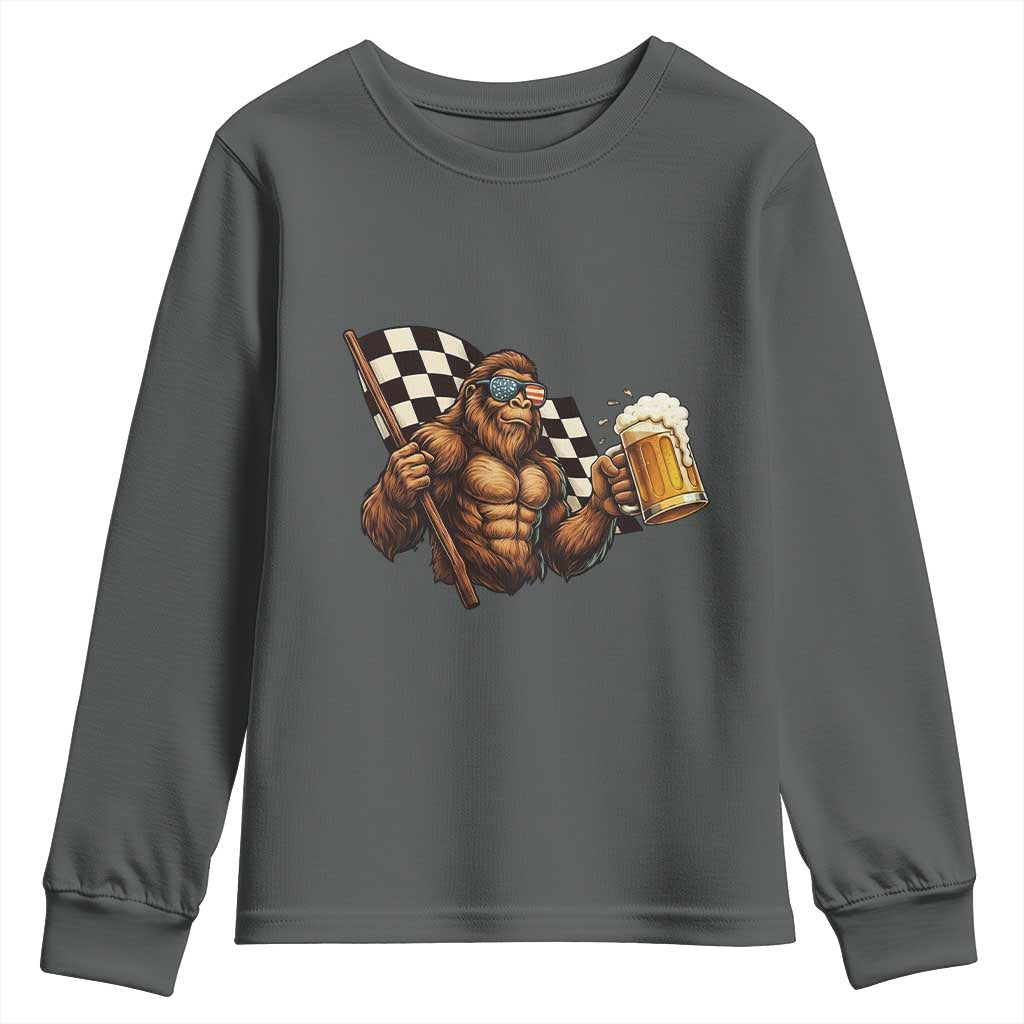 Funny Bigfoot Youth Sweatshirt Sasquatch Drinking Beer Racing Car TS14 Dark Heather Print Your Wear