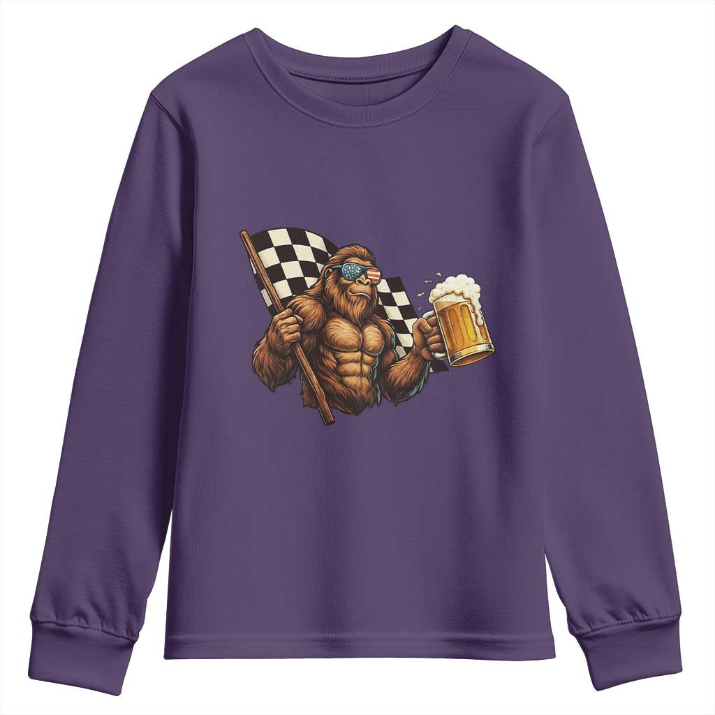 Funny Bigfoot Youth Sweatshirt Sasquatch Drinking Beer Racing Car TS14 Purple Print Your Wear
