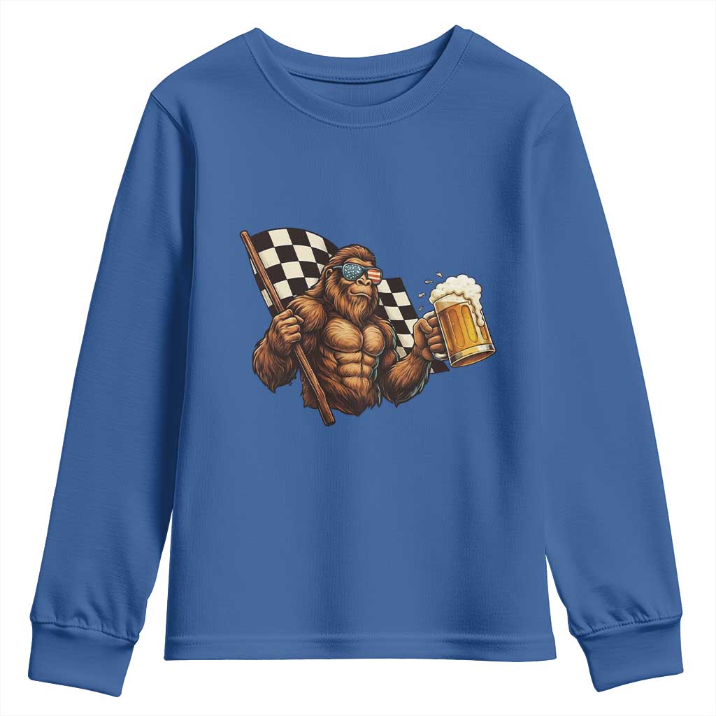 Funny Bigfoot Youth Sweatshirt Sasquatch Drinking Beer Racing Car TS14 Royal Blue Print Your Wear