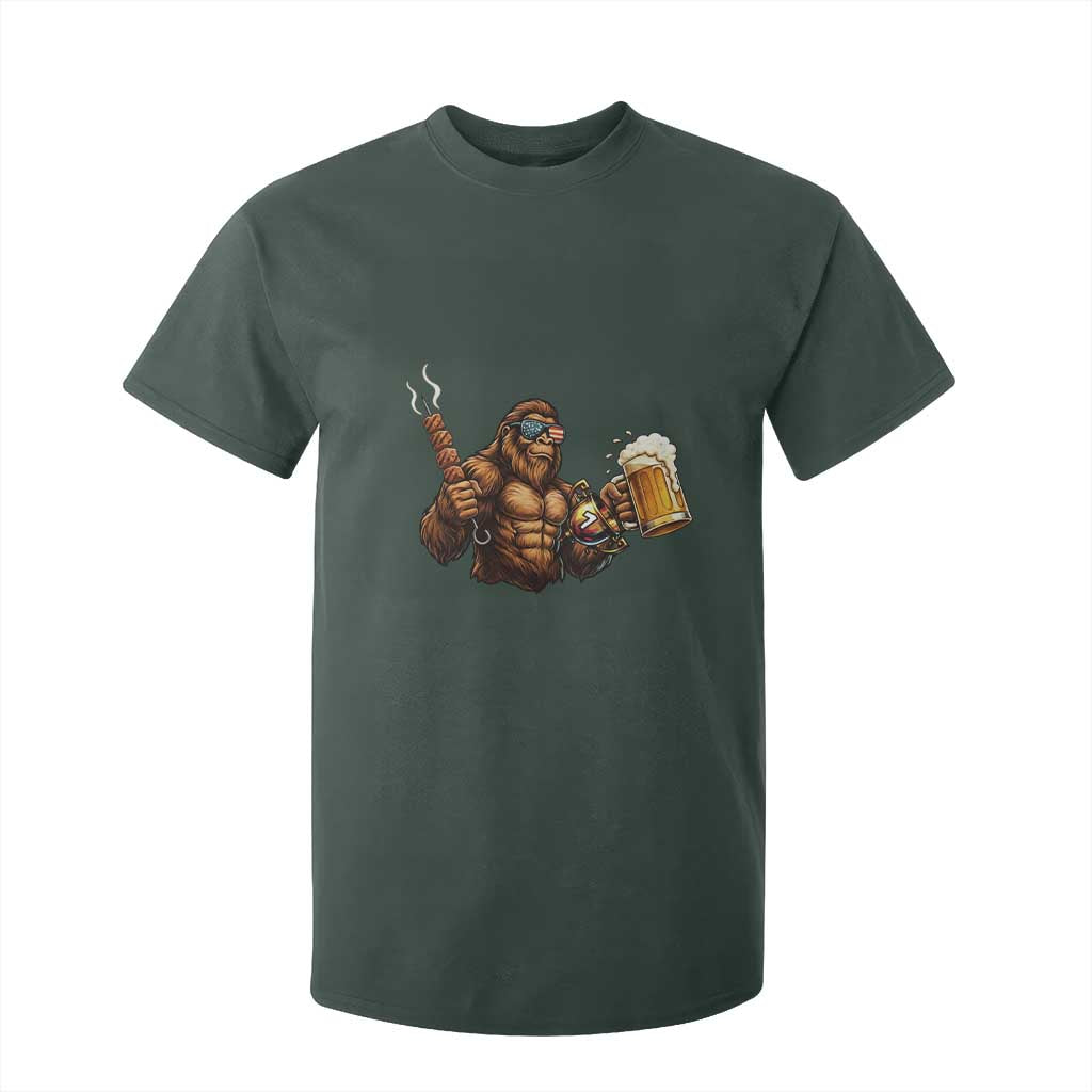 Funny Bigfoot BBQ Party T Shirt For Kid Sasquatch Drinking Beer Celebrate Championship TS14 Dark Forest Green Print Your Wear