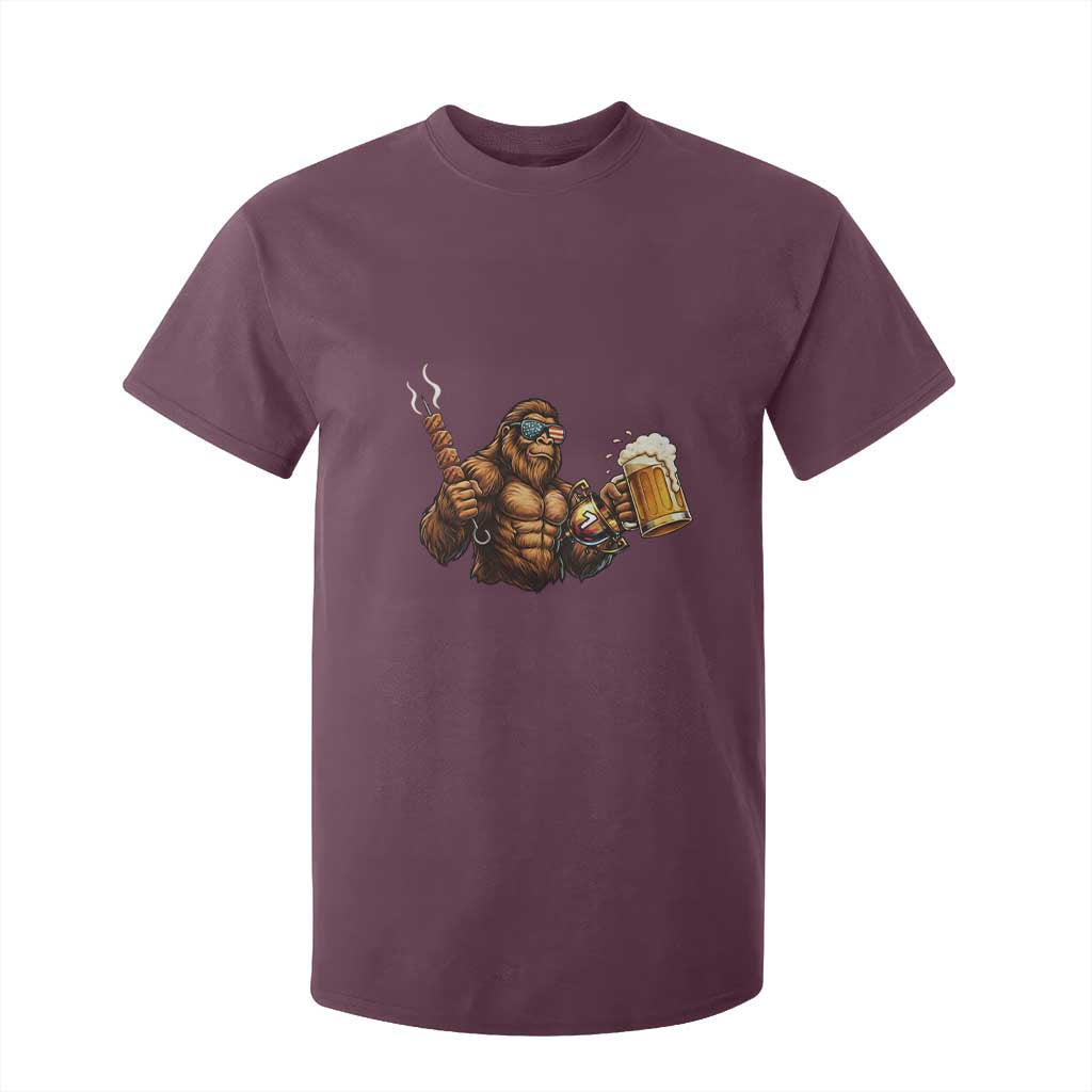Funny Bigfoot BBQ Party T Shirt For Kid Sasquatch Drinking Beer Celebrate Championship TS14 Maroon Print Your Wear
