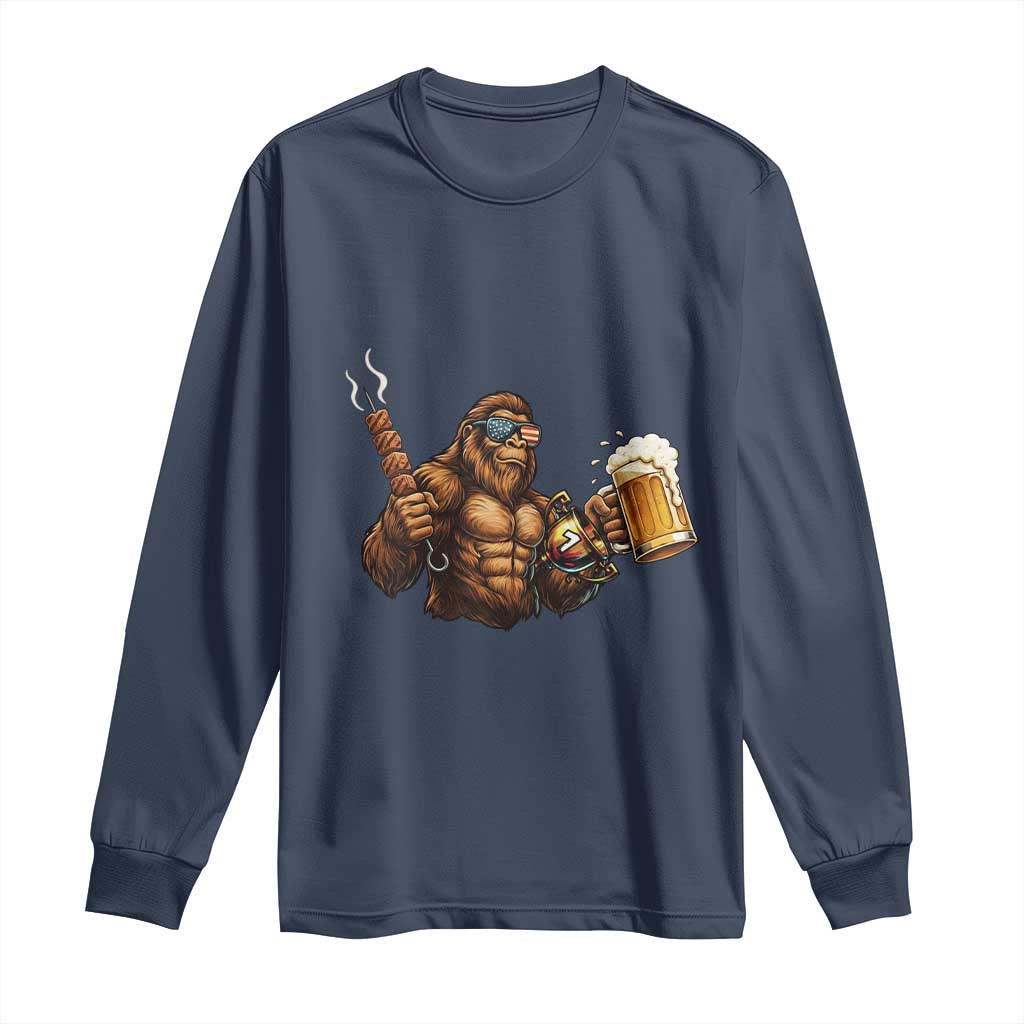 Funny Bigfoot BBQ Party Long Sleeve Shirt Sasquatch Drinking Beer Celebrate Championship TS14 Navy Print Your Wear