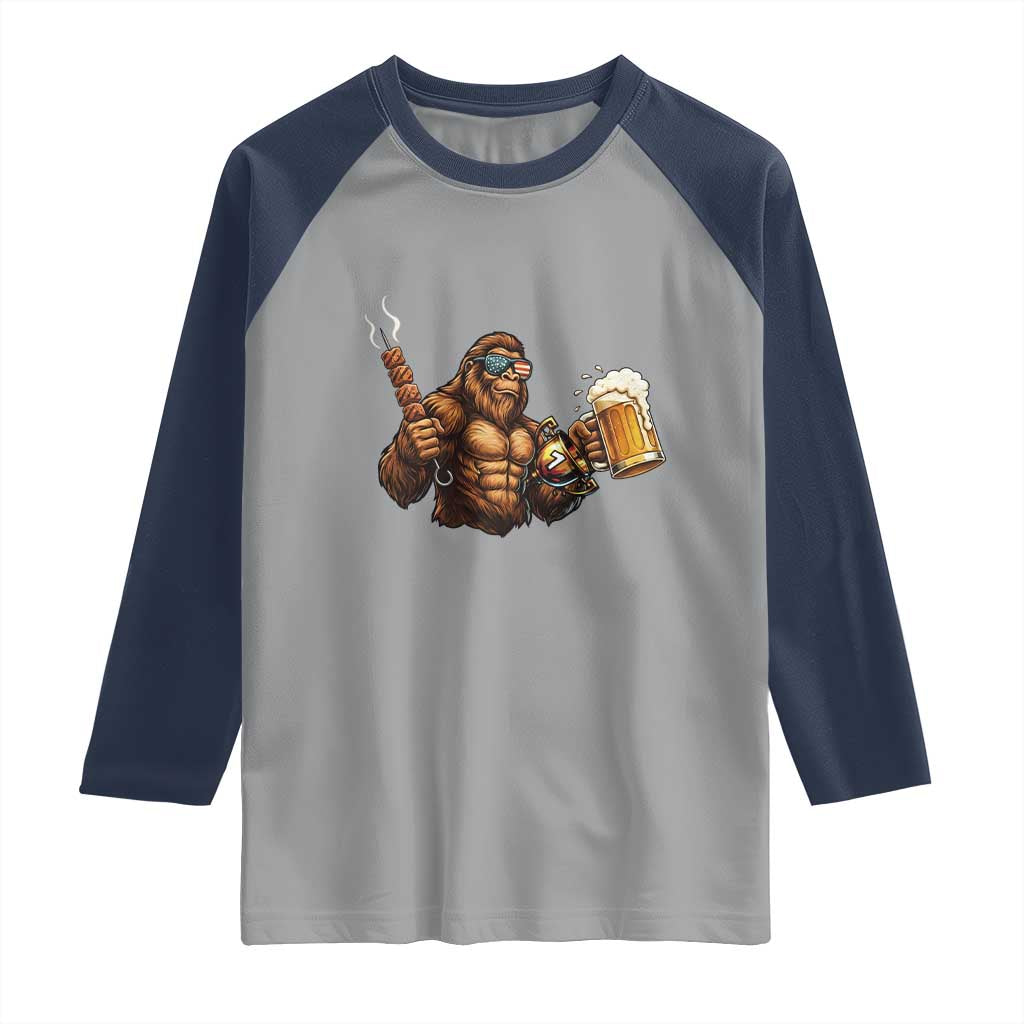 Funny Bigfoot BBQ Party Raglan Shirt Sasquatch Drinking Beer Celebrate Championship TS14 Sport Gray Navy Print Your Wear