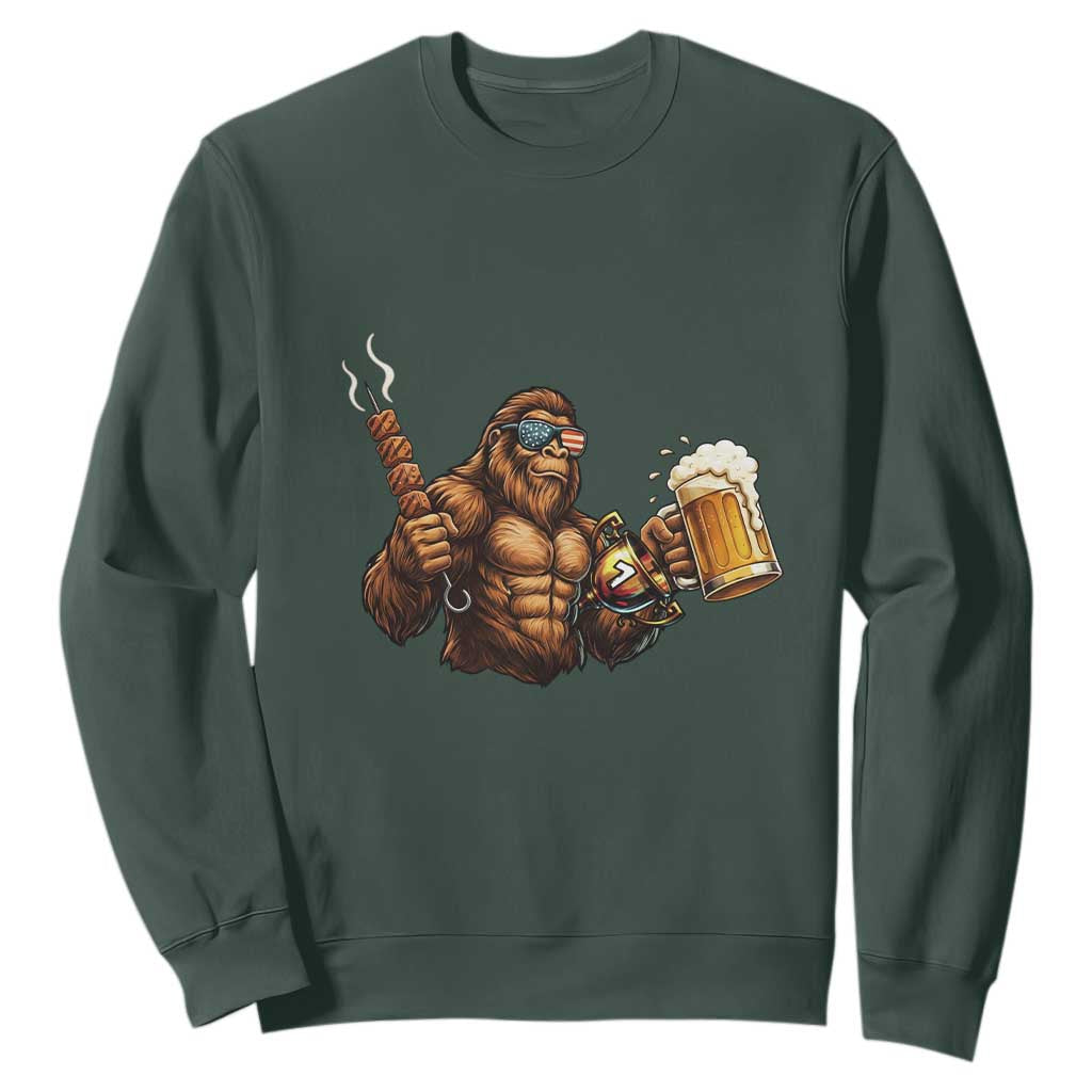 Funny Bigfoot BBQ Party Sweatshirt Sasquatch Drinking Beer Celebrate Championship TS14 Dark Forest Green Print Your Wear