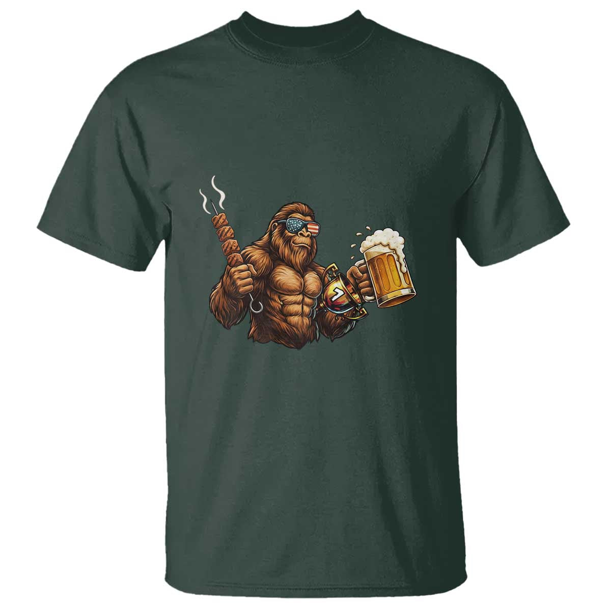 Funny Bigfoot BBQ Party T Shirt Sasquatch Drinking Beer Celebrate Championship TS14 Dark Forest Green Print Your Wear