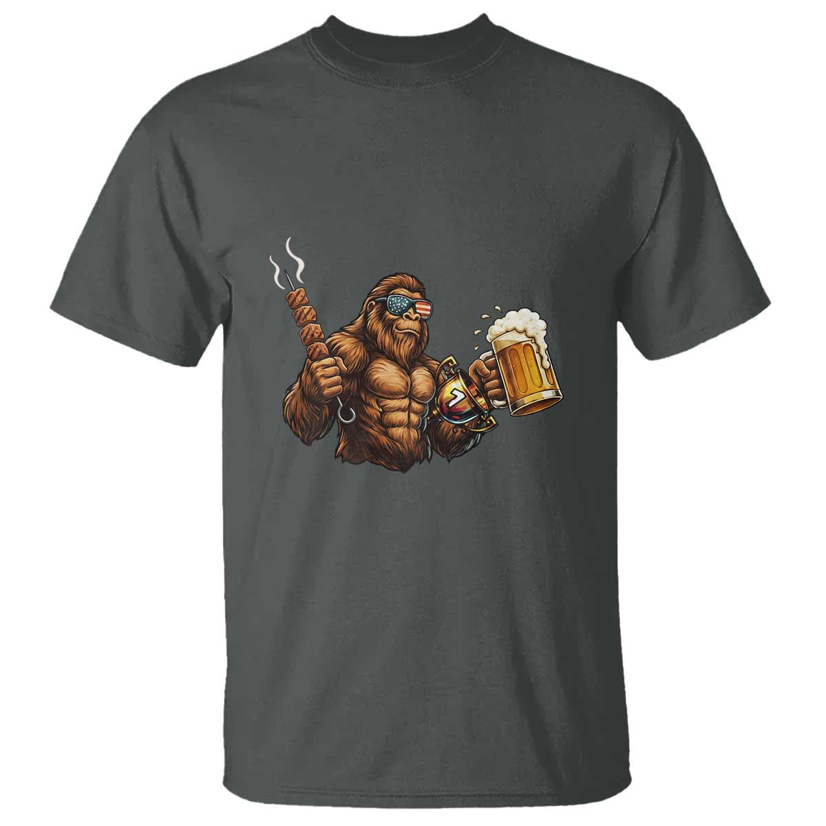 Funny Bigfoot BBQ Party T Shirt Sasquatch Drinking Beer Celebrate Championship TS14 Dark Heather Print Your Wear