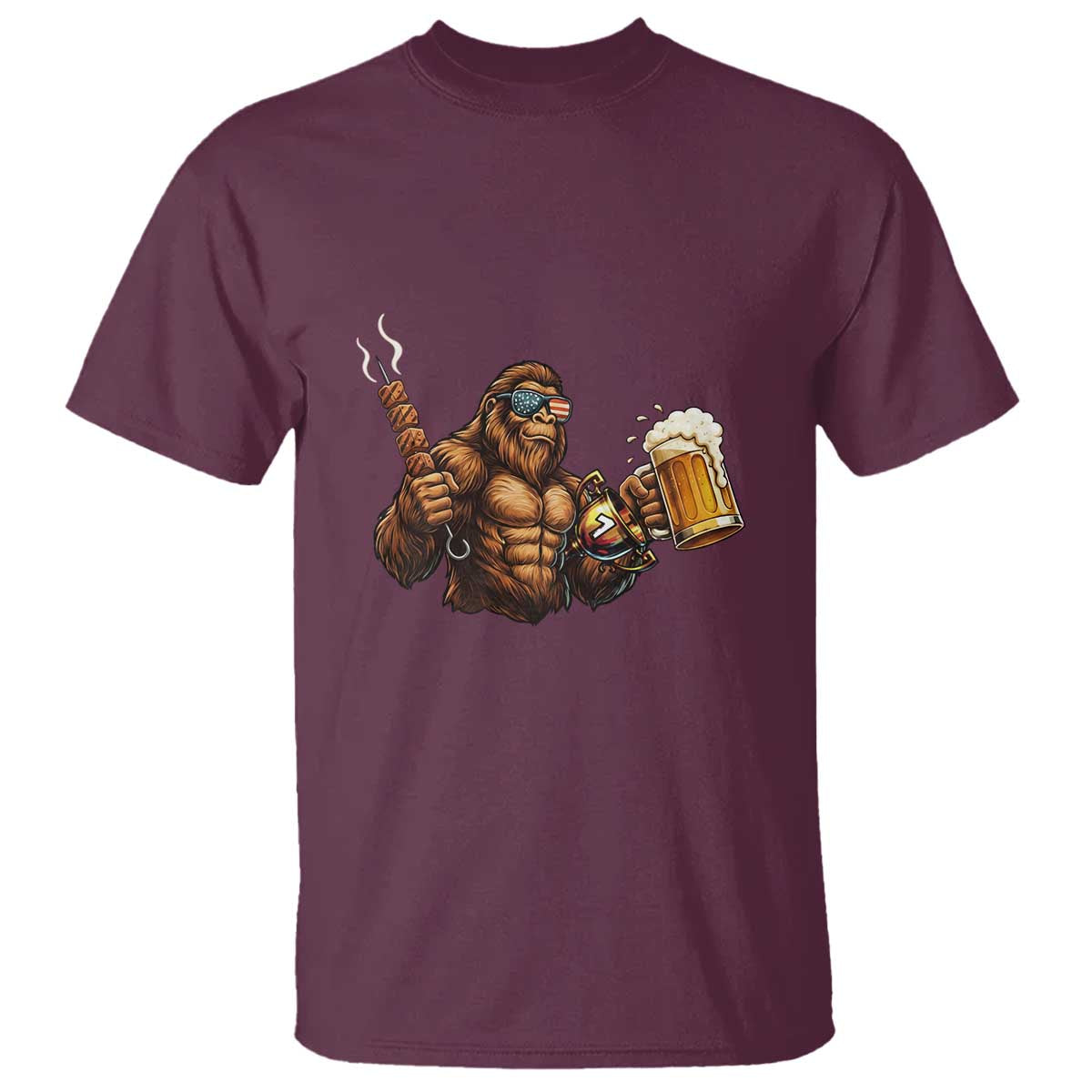 Funny Bigfoot BBQ Party T Shirt Sasquatch Drinking Beer Celebrate Championship TS14 Maroon Print Your Wear