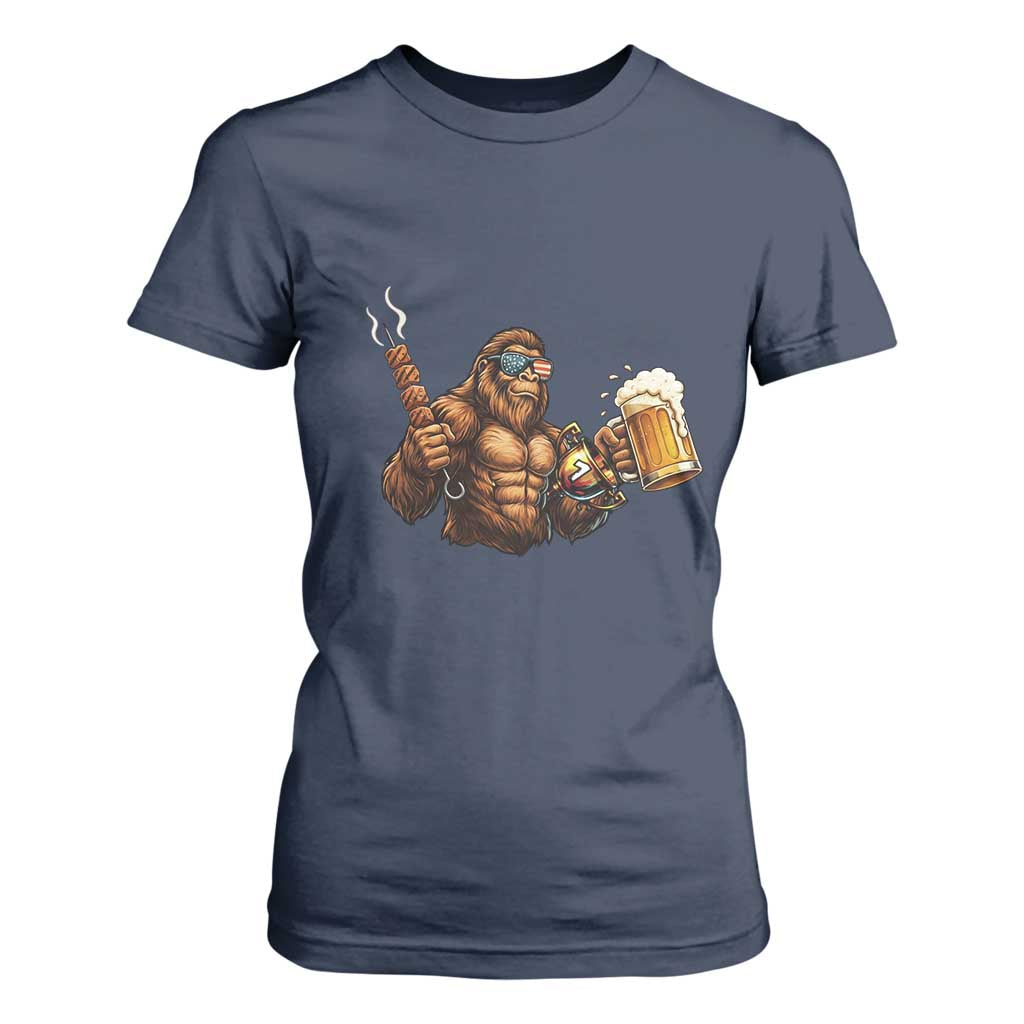 Funny Bigfoot BBQ Party T Shirt For Women Sasquatch Drinking Beer Celebrate Championship TS14 Navy Print Your Wear