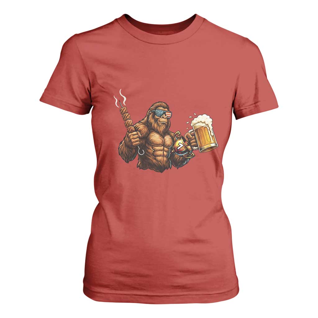 Funny Bigfoot BBQ Party T Shirt For Women Sasquatch Drinking Beer Celebrate Championship TS14 Red Print Your Wear