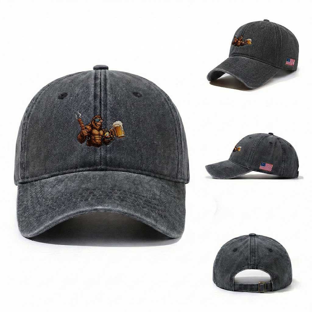 Funny Bigfoot BBQ Party Washed Cotton Baseball Cap Sasquatch Drinking Beer Celebrate Championship TS14 Washed Cap Universal Fit Dark Gray Print Your Wear