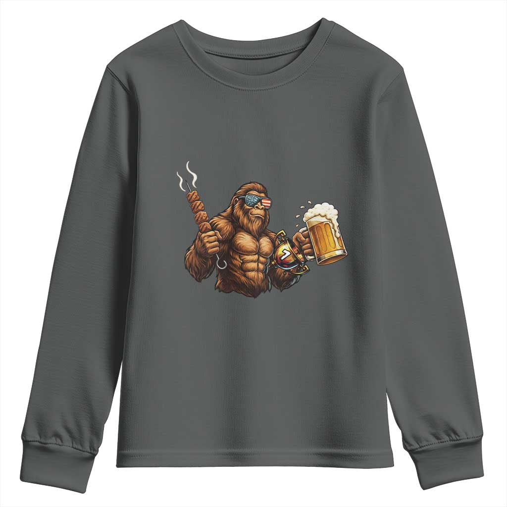Funny Bigfoot BBQ Party Youth Sweatshirt Sasquatch Drinking Beer Celebrate Championship TS14 Dark Heather Print Your Wear