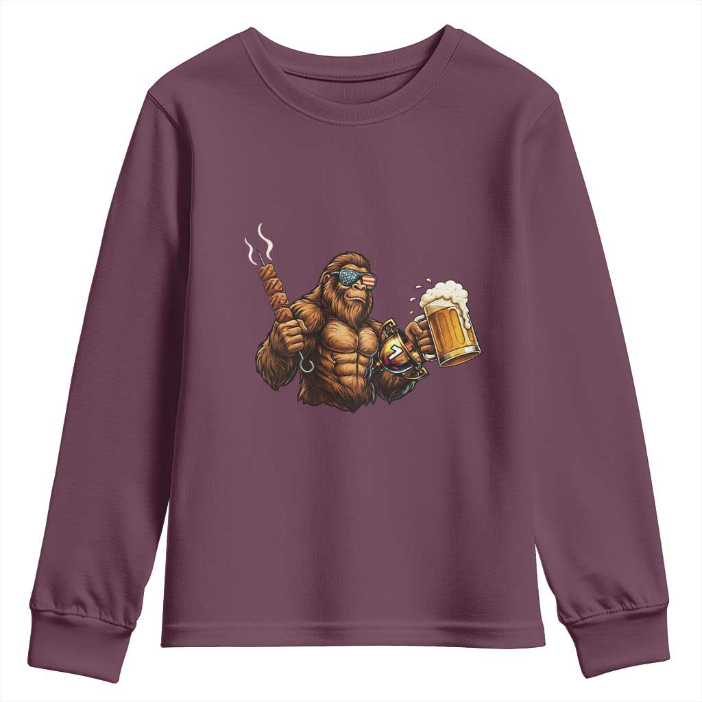 Funny Bigfoot BBQ Party Youth Sweatshirt Sasquatch Drinking Beer Celebrate Championship TS14 Maroon Print Your Wear