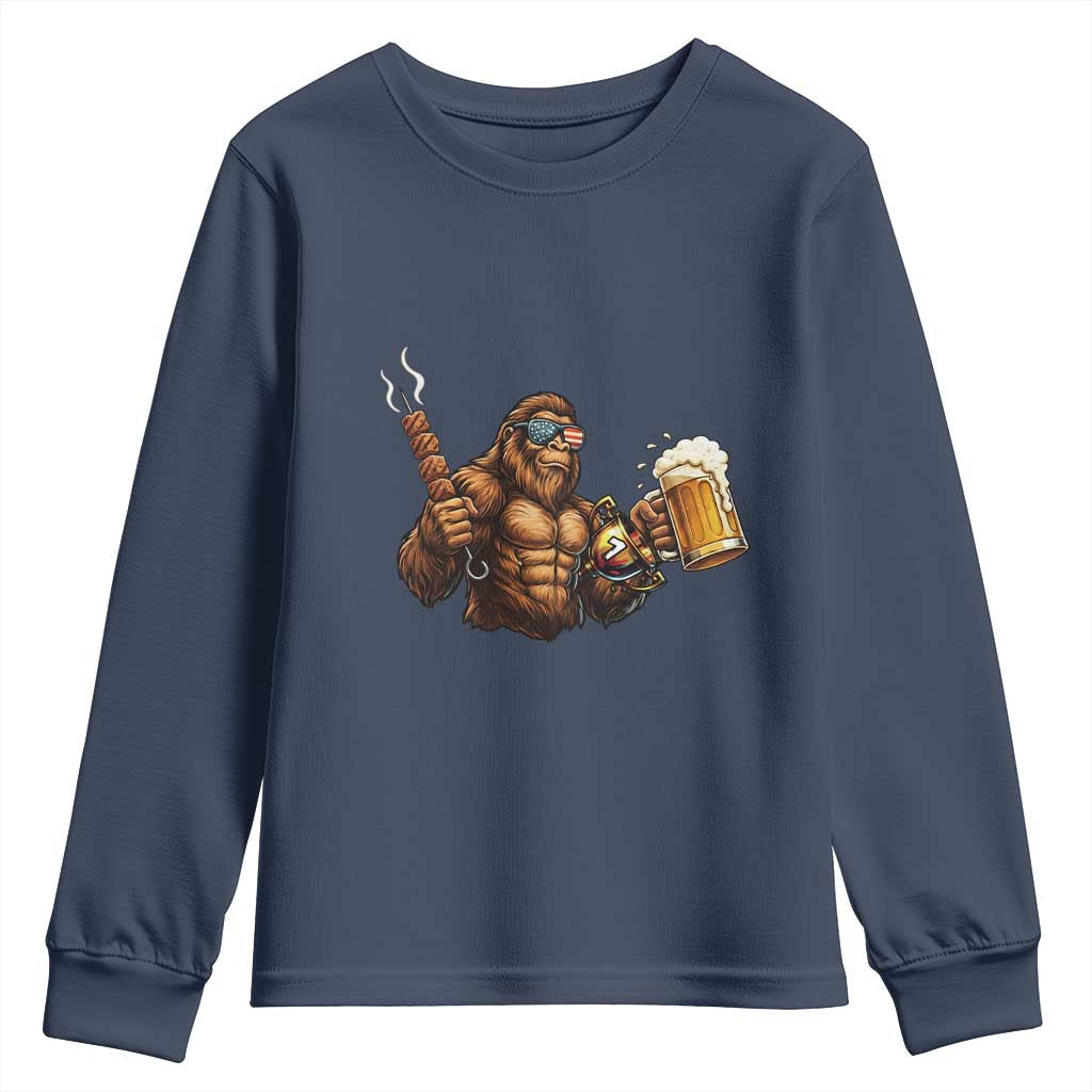 Funny Bigfoot BBQ Party Youth Sweatshirt Sasquatch Drinking Beer Celebrate Championship TS14 Navy Print Your Wear