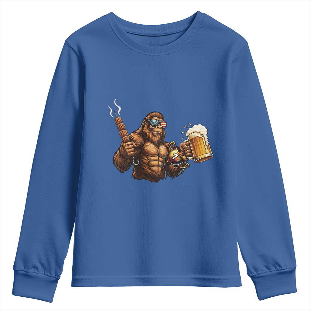 Funny Bigfoot BBQ Party Youth Sweatshirt Sasquatch Drinking Beer Celebrate Championship TS14 Royal Blue Print Your Wear