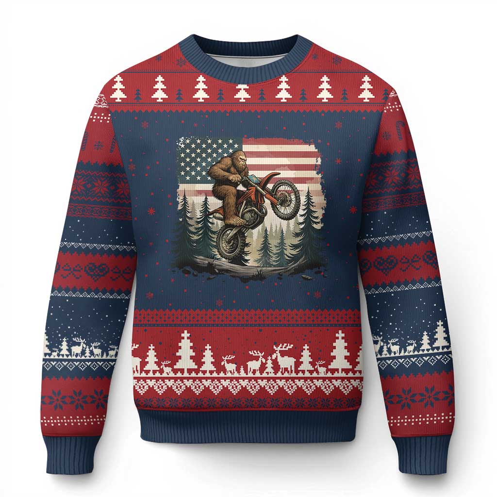 Bigfoot Dirt Bike Ugly Christmas Sweater Patriotic Sasquatch American Flag TS14 Navy Red Print Your Wear