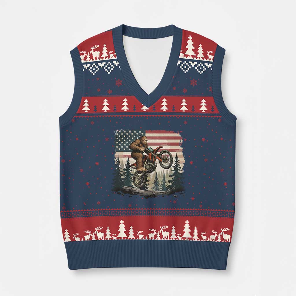 Bigfoot Dirt Bike V-Neck Knit Sweater Vest Patriotic Sasquatch American Flag TS14 Navy Red Print Your Wear
