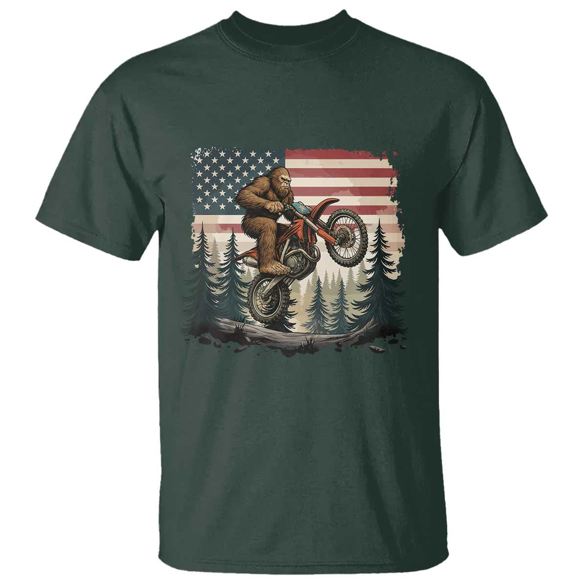 Bigfoot Dirt Bike T Shirt Patriotic Sasquatch American Flag TS14 Dark Forest Green Print Your Wear