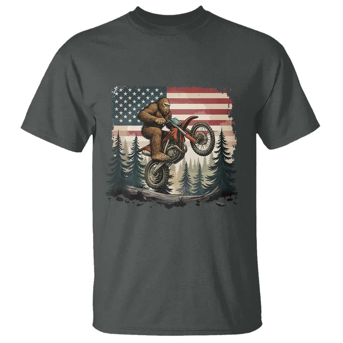Bigfoot Dirt Bike T Shirt Patriotic Sasquatch American Flag TS14 Dark Heather Print Your Wear