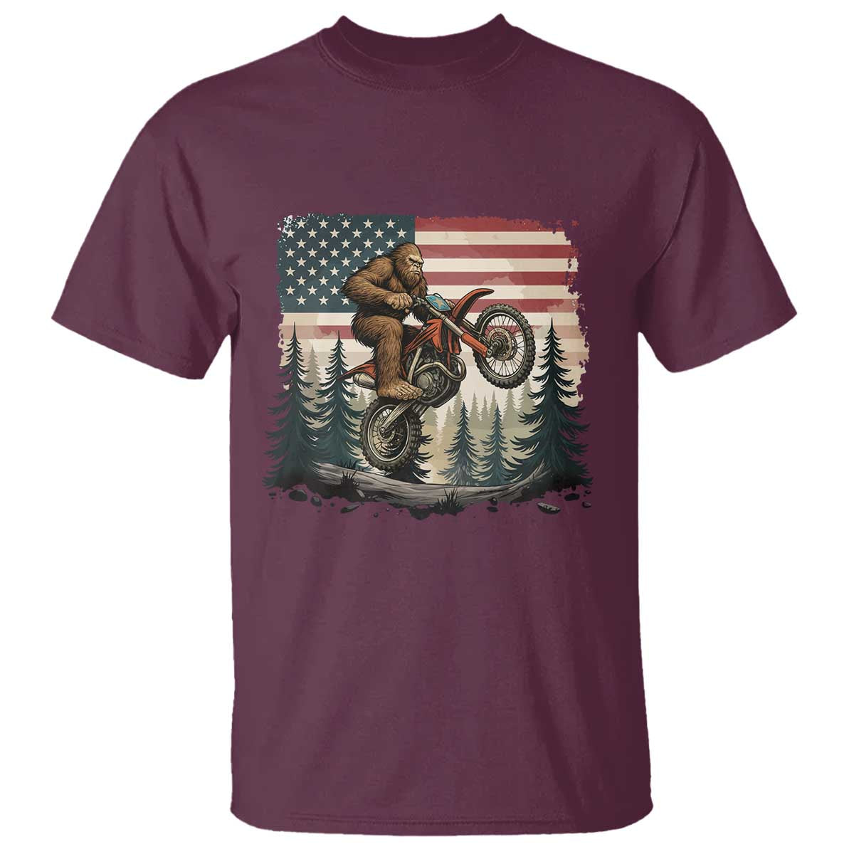 Bigfoot Dirt Bike T Shirt Patriotic Sasquatch American Flag TS14 Maroon Print Your Wear