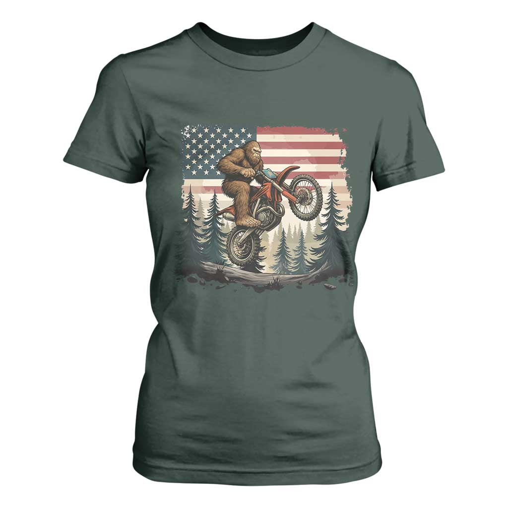 Bigfoot Dirt Bike T Shirt For Women Patriotic Sasquatch American Flag TS14 Dark Forest Green Print Your Wear