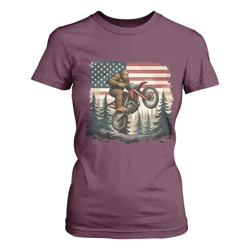 Bigfoot Dirt Bike T Shirt For Women Patriotic Sasquatch American Flag TS14 Maroon Print Your Wear