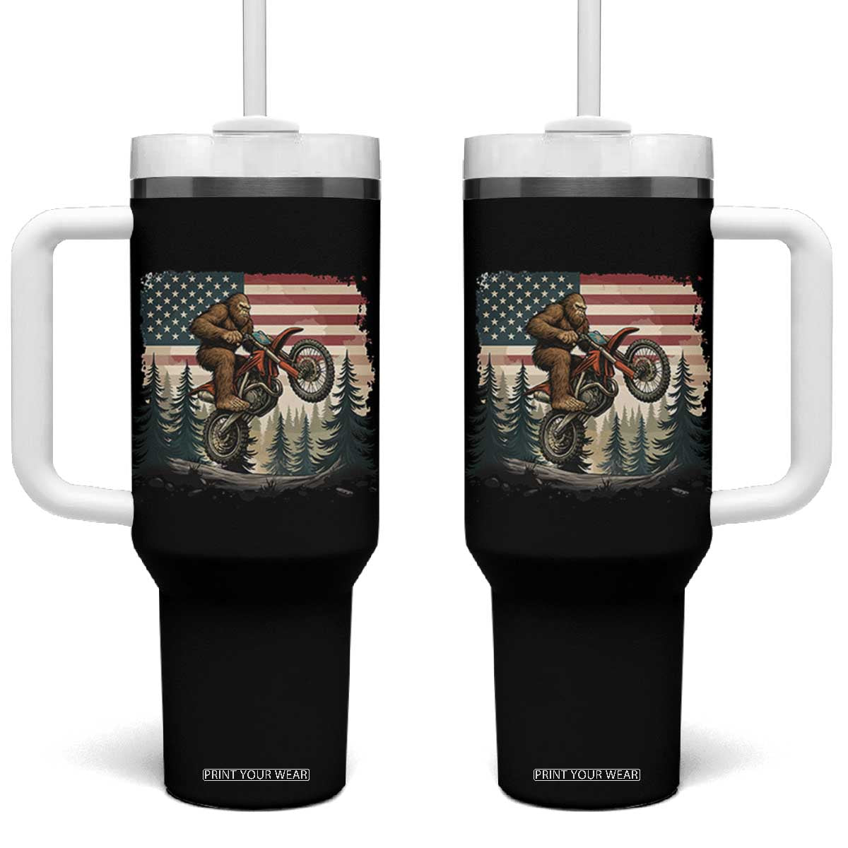Bigfoot Dirt Bike Tumbler With Handle Patriotic Sasquatch American Flag TS14 One Size: 40 oz Black Print Your Wear