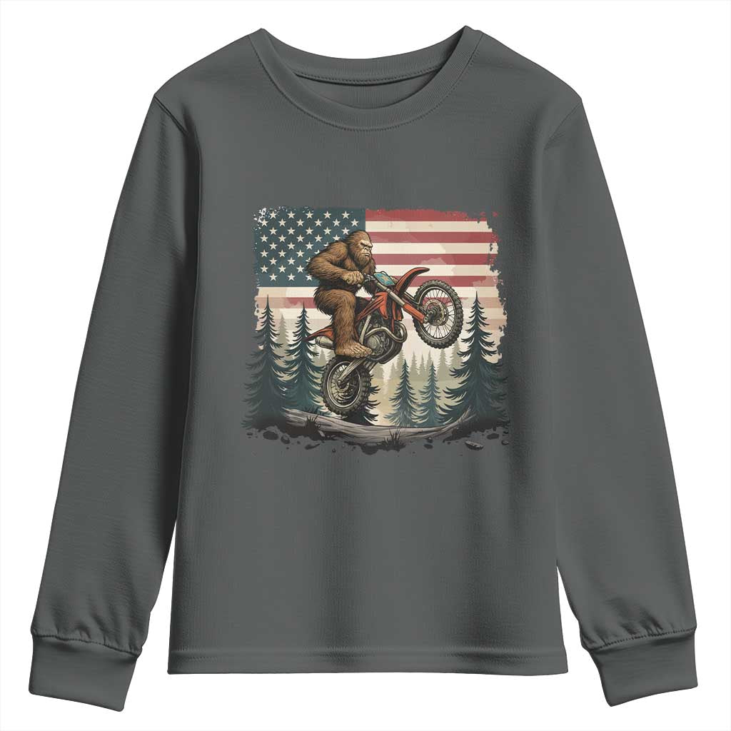 Bigfoot Dirt Bike Youth Sweatshirt Patriotic Sasquatch American Flag TS14 Dark Heather Print Your Wear