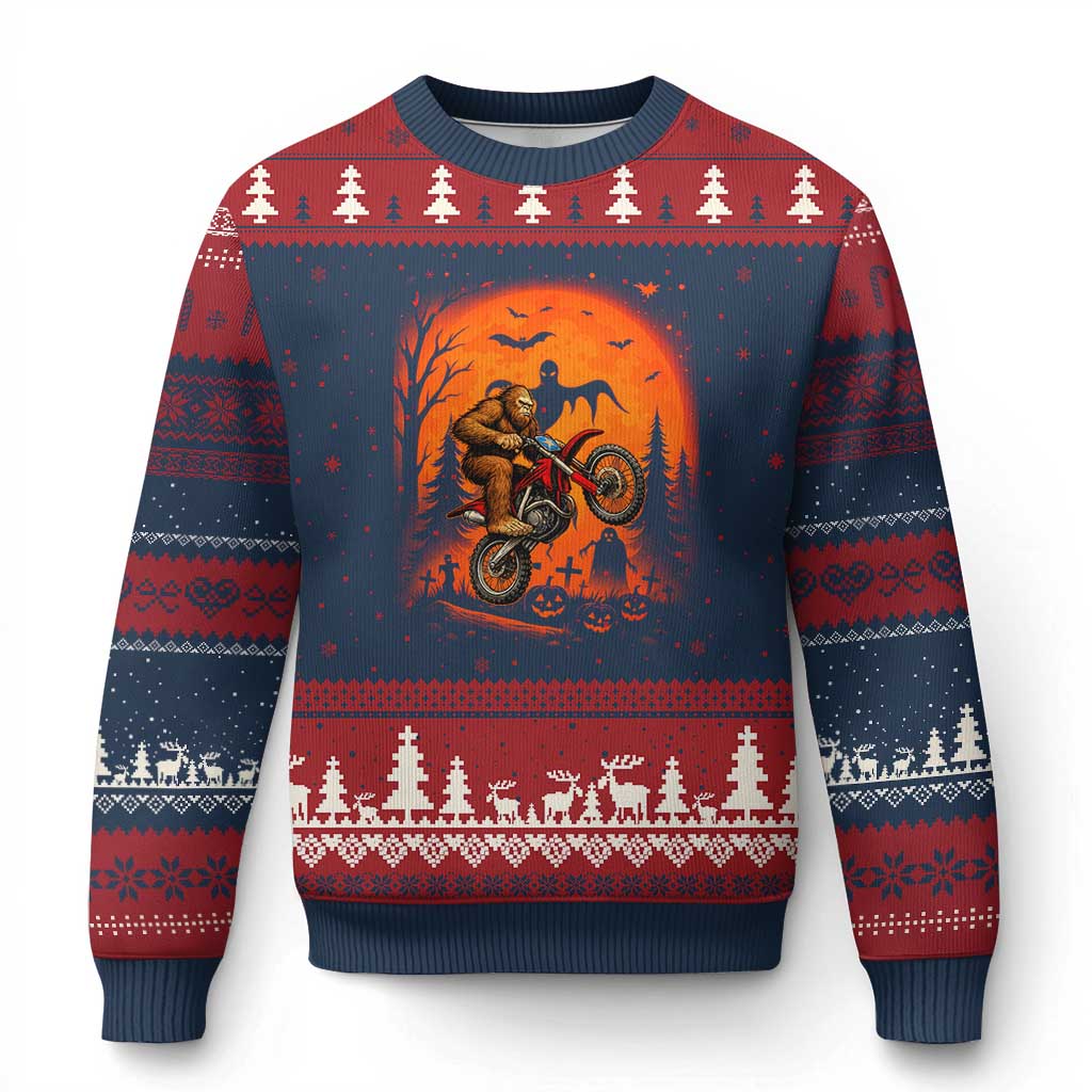 Bigfoot Dirt Bike Ugly Christmas Sweater Sasquatch Halloween Creepy Biker TS14 Navy Red Print Your Wear