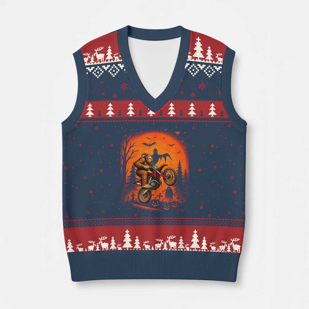 Bigfoot Dirt Bike V-Neck Knit Sweater Vest Sasquatch Halloween Creepy Biker TS14 Navy Red Print Your Wear