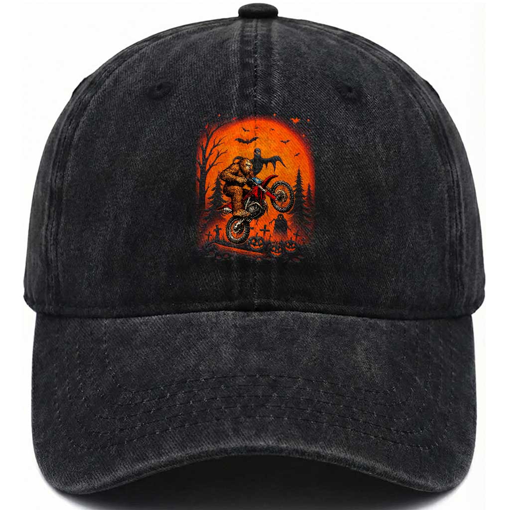 Bigfoot Dirt Bike Washed Cotton Baseball Cap Sasquatch Halloween Creepy Biker TS14 Washed Cap Universal Fit Black Print Your Wear
