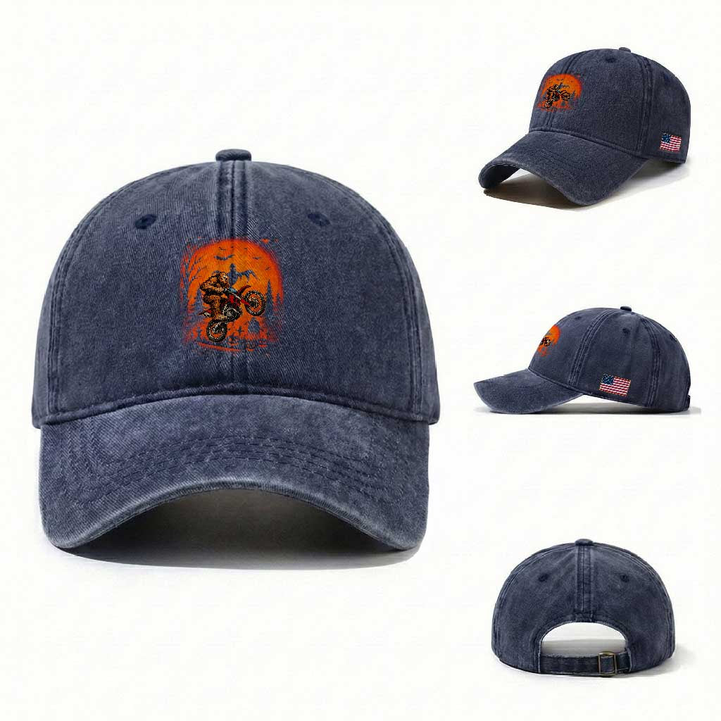 Bigfoot Dirt Bike Washed Cotton Baseball Cap Sasquatch Halloween Creepy Biker TS14 Washed Cap Universal Fit Navy Print Your Wear