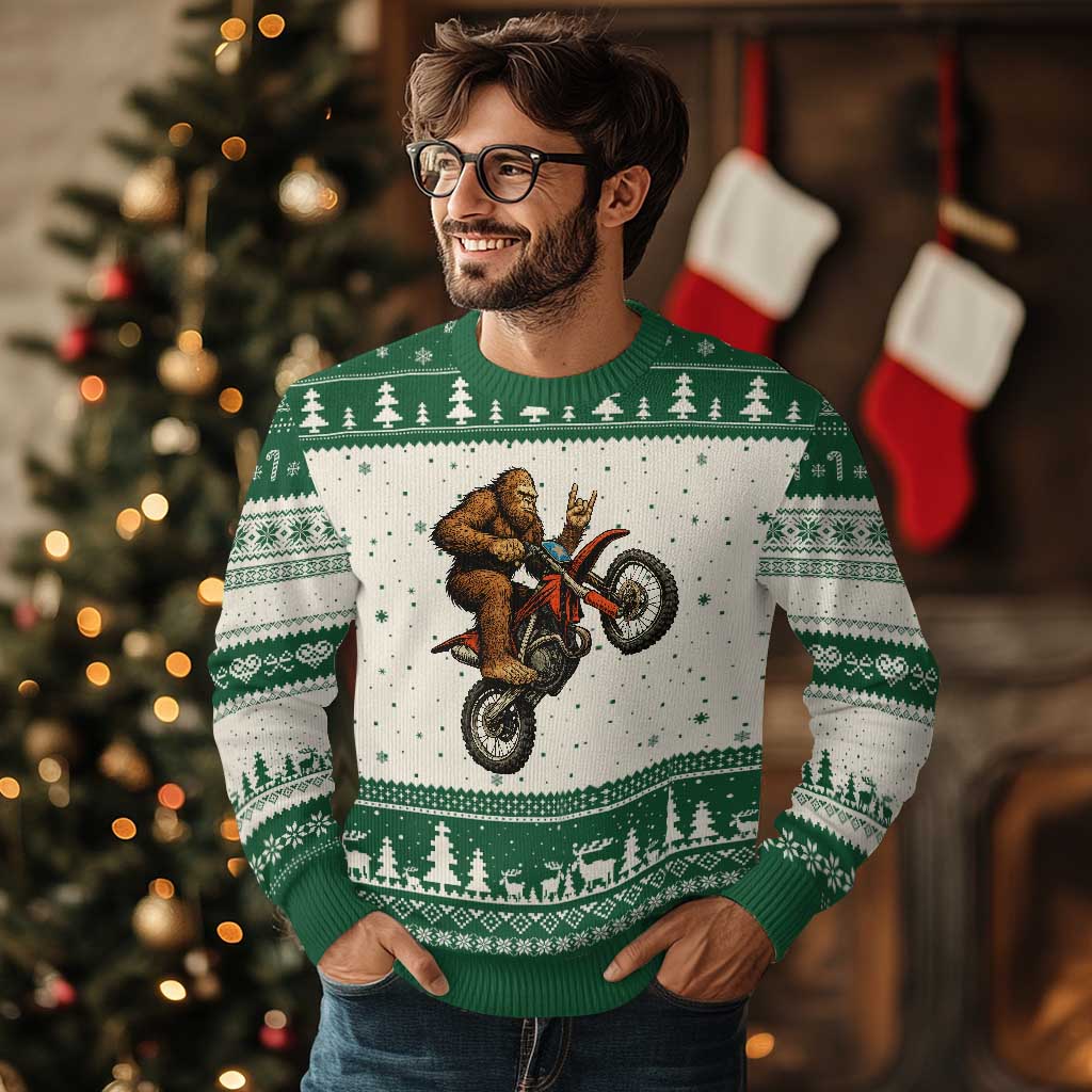 Bigfoot Dirt Bike Ugly Christmas Sweater Motocross Sasquatch Rock On Hand TS14 Beige Green Print Your Wear
