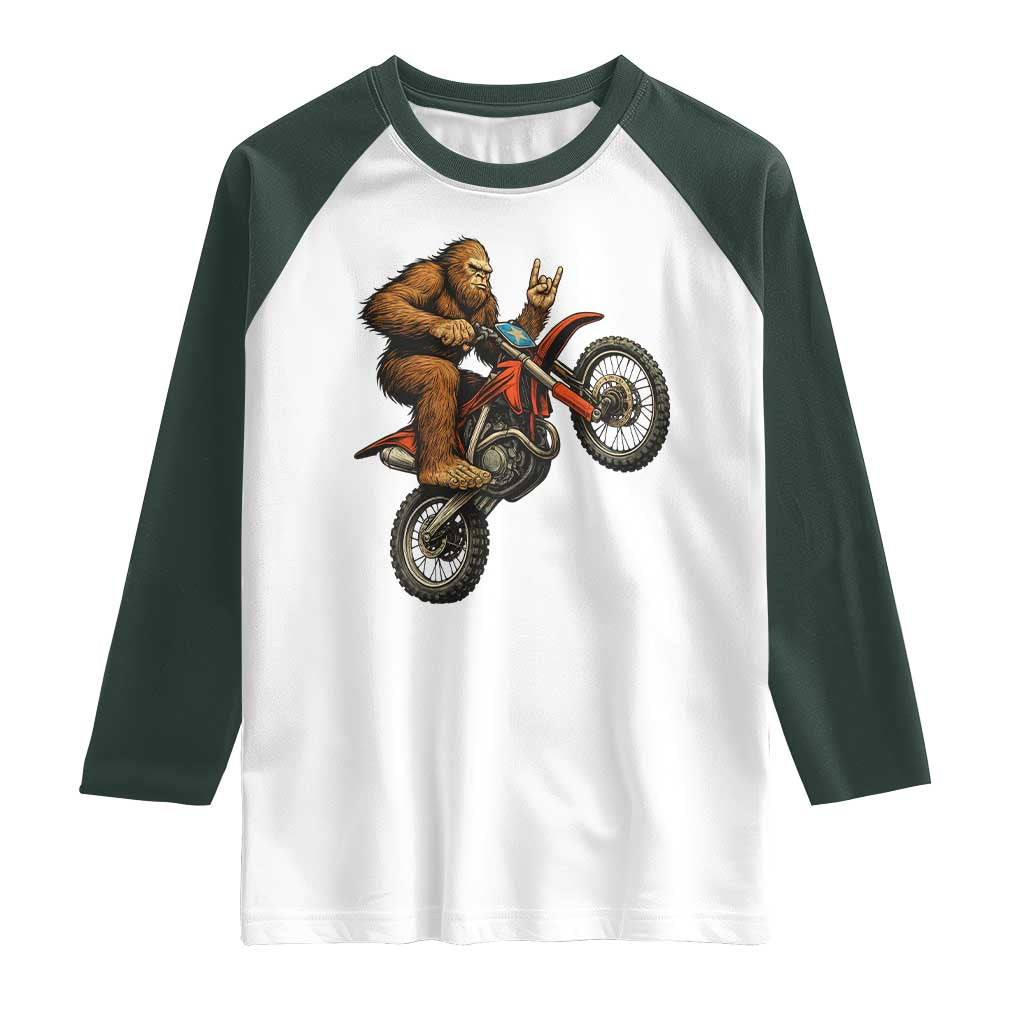 Bigfoot Dirt Bike Raglan Shirt Motocross Sasquatch Rock On Hand TS14 White Dark Forest Green Print Your Wear