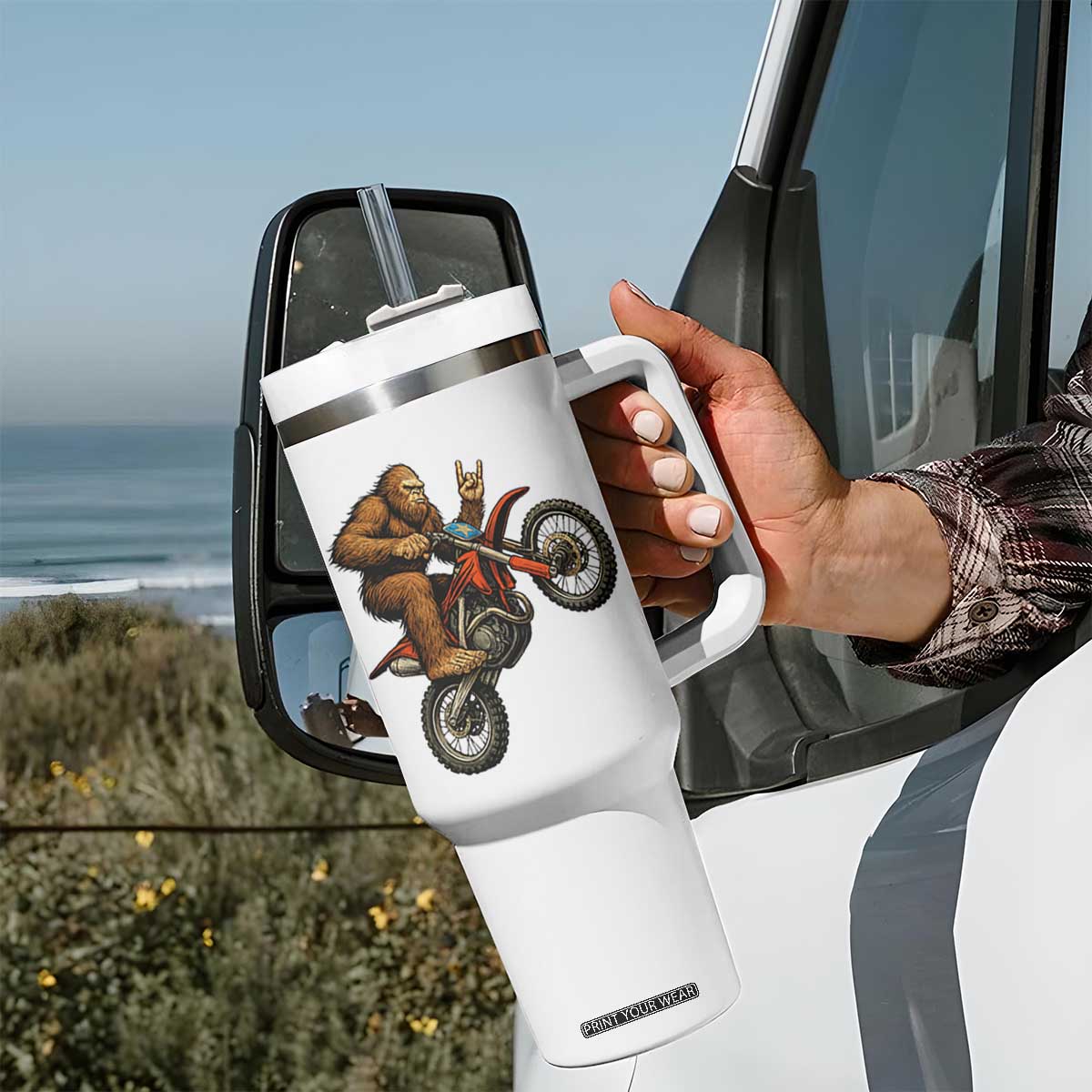 Bigfoot Dirt Bike Tumbler With Handle Motocross Sasquatch Rock On Hand TS14 Print Your Wear
