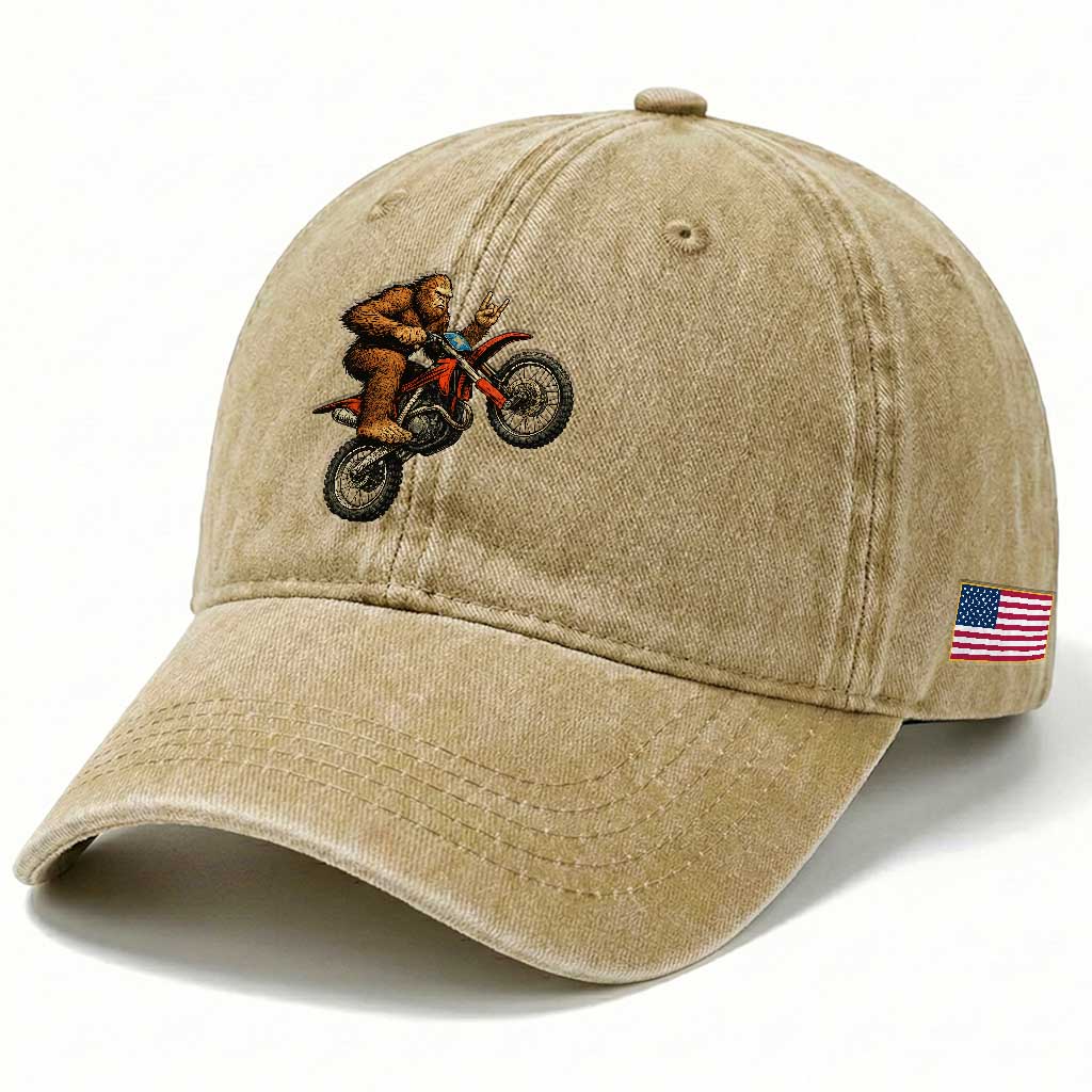 Bigfoot Dirt Bike Washed Cotton Baseball Cap Motocross Sasquatch Rock On Hand TS14 Print Your Wear
