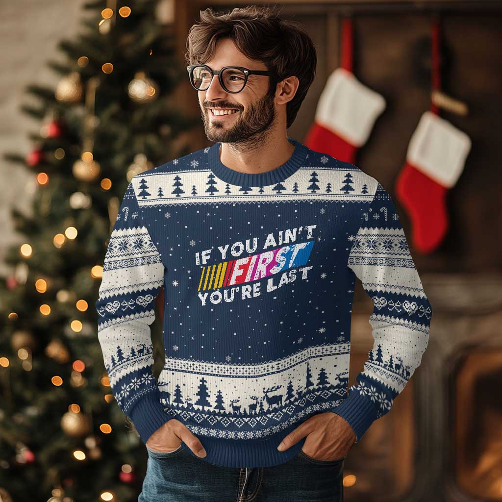 Funny Racing Ugly Christmas Sweater If You Are Not First You Are Last TS14 Navy Beige Print Your Wear